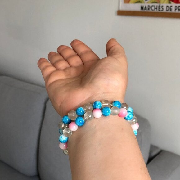 Handmade Glass Bracelets Round Flower Beads Blue Clear Pink Brown, 5.75 to 6.5'' - Picture 6 of 16